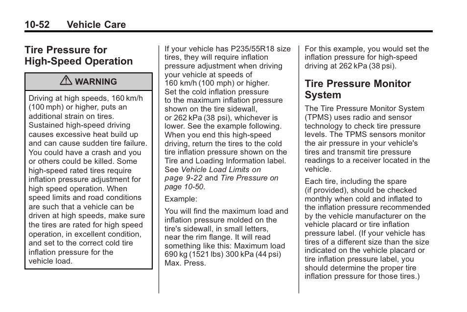 Tire pressure for high-speed operation, Tire pressure monitor system, Tire pressure for | High-speed operation -52, Tire pressure monitor, System -52 | Saturn 2010 VUE User Manual | Page 318 / 398