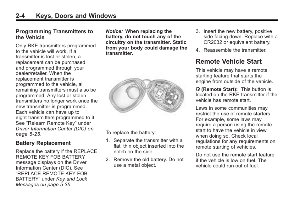 Remote vehicle start, Remote vehicle start -4, Manual | 4 keys, doors and windows | Saturn 2010 VUE User Manual | Page 32 / 398