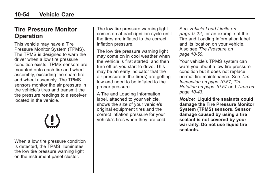 Tire pressure monitor operation, Tire pressure monitor, Operation -54 | 54 vehicle care | Saturn 2010 VUE User Manual | Page 320 / 398