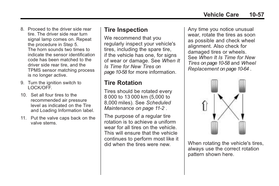 Tire inspection, Tire rotation, Tire inspection -57 tire rotation -57 | Saturn 2010 VUE User Manual | Page 323 / 398
