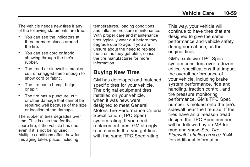 Buying new tires, Buying new tires -59, Vehicle care 10-59 | Saturn 2010 VUE User Manual | Page 325 / 398