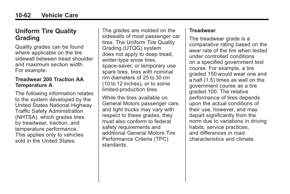 Uniform tire quality grading, Uniform tire quality, Grading -62 | Your dealer/retailer | Saturn 2010 VUE User Manual | Page 328 / 398