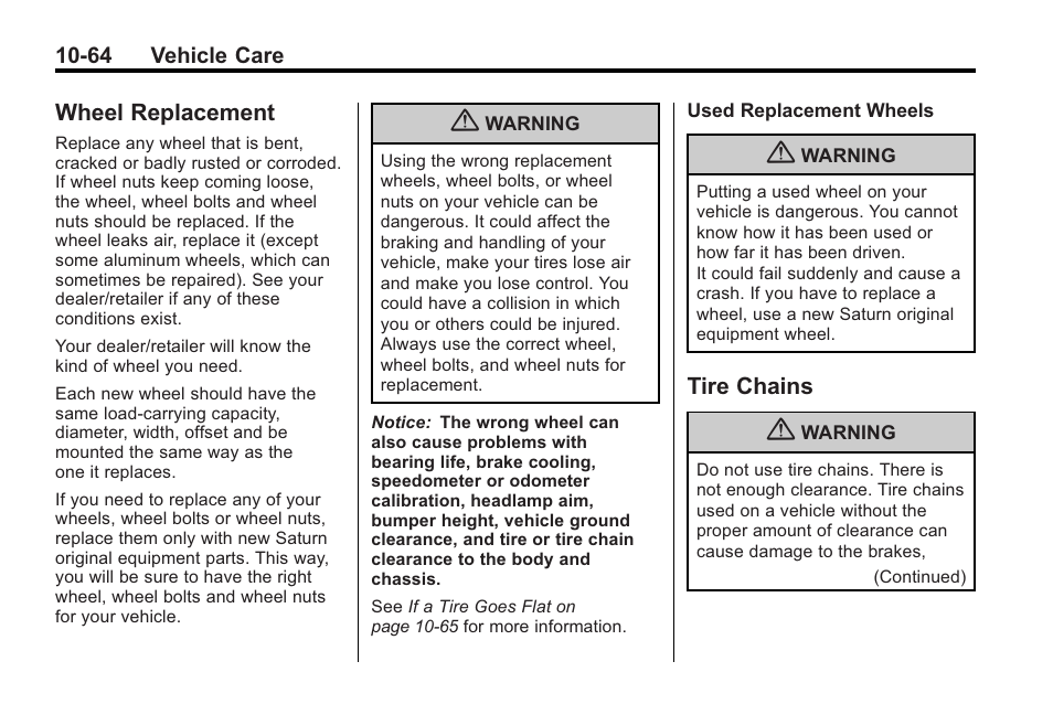 Wheel replacement, Tire chains, Wheel replacement -64 tire chains -64 | Service | Saturn 2010 VUE User Manual | Page 330 / 398