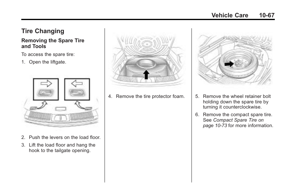 Tire changing, Tire changing -67, Vehicle care 10-67 | Saturn 2010 VUE User Manual | Page 333 / 398