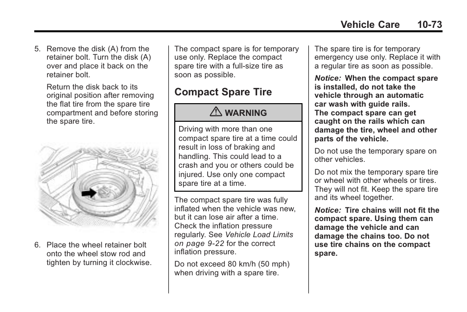 Compact spare tire, Compact spare tire -73 | Saturn 2010 VUE User Manual | Page 339 / 398