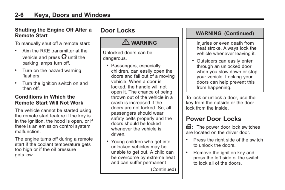 Door locks, Power door locks, Door locks -6 power door locks -6 | Power door locks t, 6 keys, doors and windows | Saturn 2010 VUE User Manual | Page 34 / 398