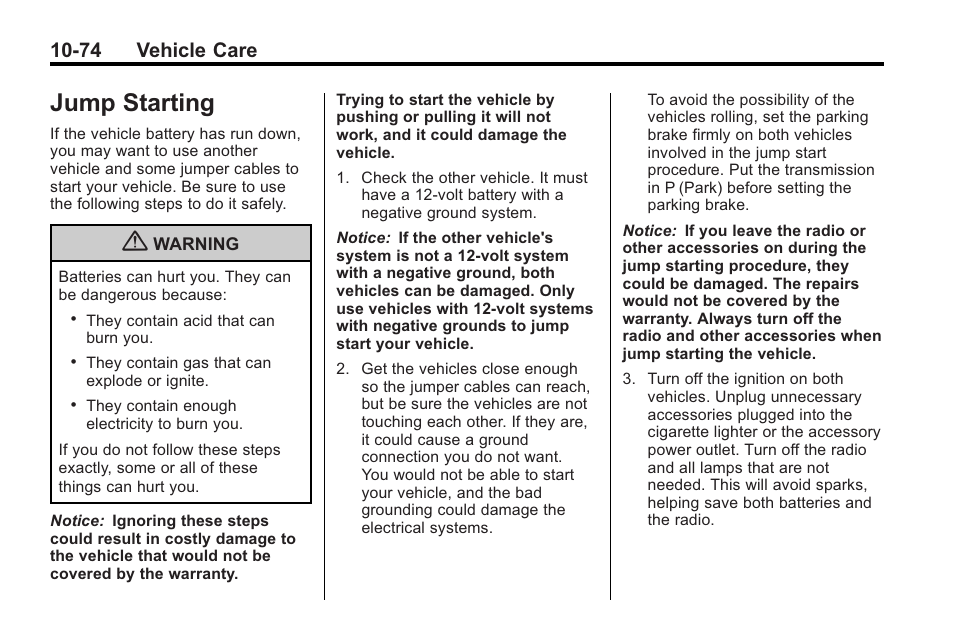 Jump starting, Jump starting -74, 74 vehicle care | Saturn 2010 VUE User Manual | Page 340 / 398