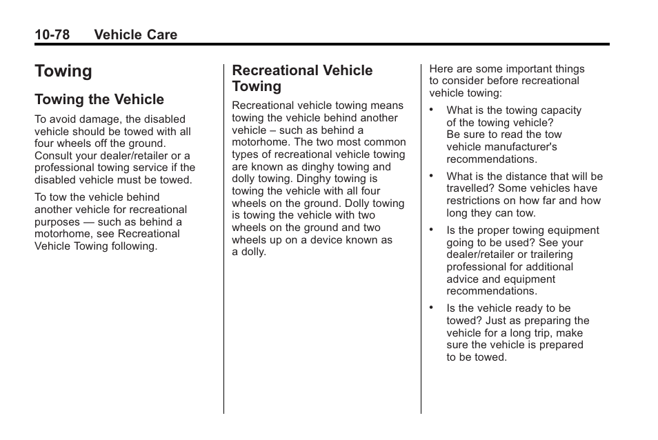 Towing, Towing the vehicle, Recreational vehicle towing | Towing -78, Privacy, Towing the vehicle -78 recreational vehicle, 78 vehicle care | Saturn 2010 VUE User Manual | Page 344 / 398