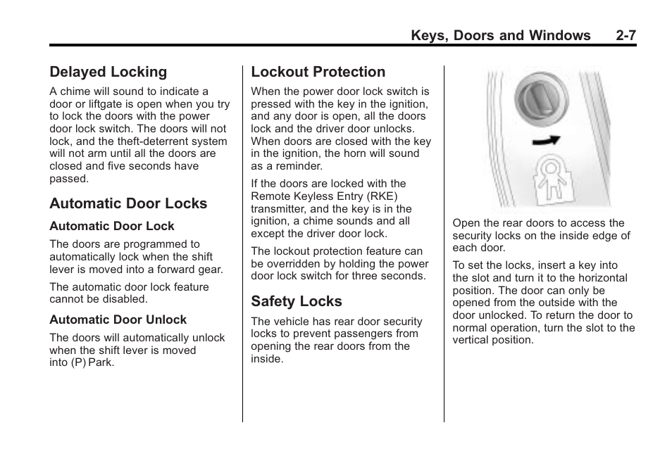 Delayed locking, Automatic door locks, Lockout protection | Safety locks, Power | Saturn 2010 VUE User Manual | Page 35 / 398