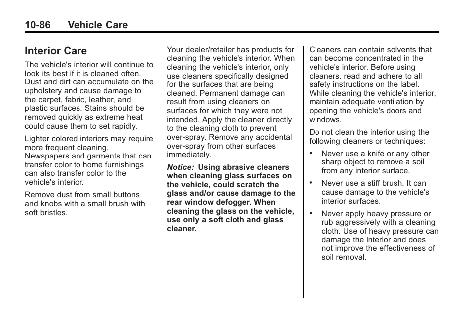 Interior care, Interior care -86, 86 vehicle care | Saturn 2010 VUE User Manual | Page 352 / 398