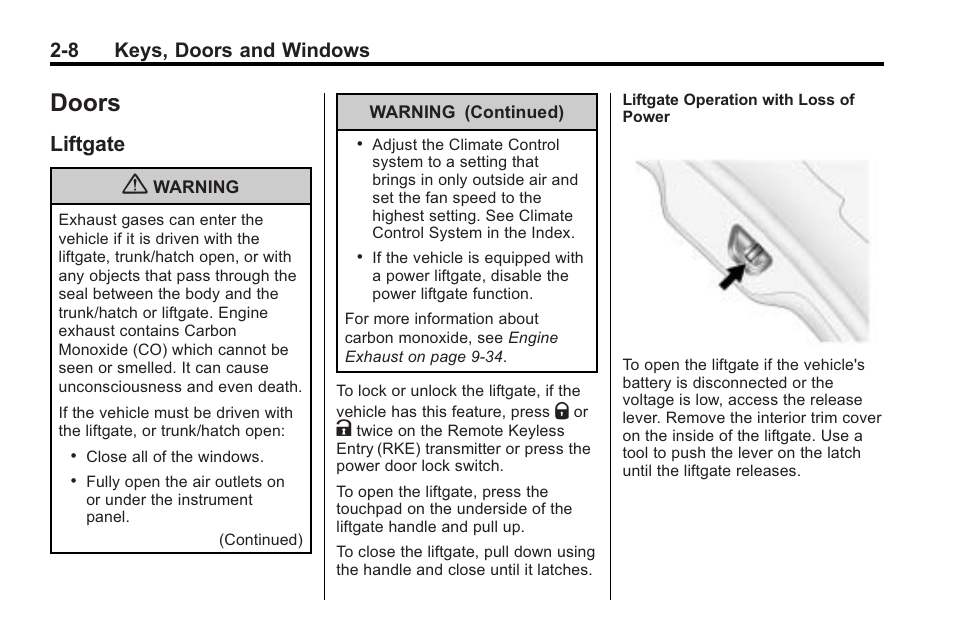 Doors, Liftgate, Doors -8 | Liftgate -8, 8 keys, doors and windows | Saturn 2010 VUE User Manual | Page 36 / 398