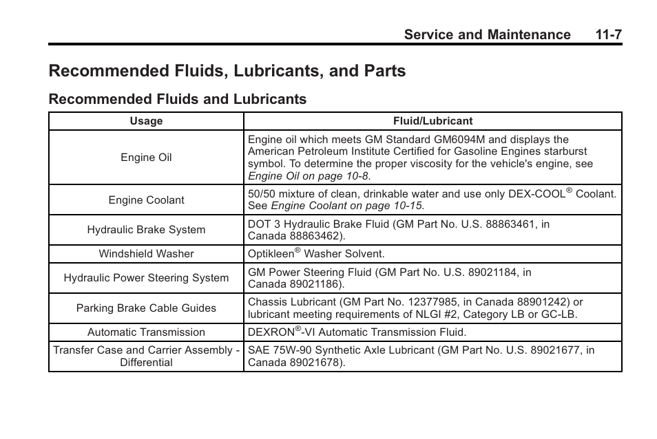 Recommended fluids, lubricants, and parts, Recommended fluids and lubricants, Recommended fluids | Lubricants, and parts -7, Recommended fluids and, Lubricants -7, Service and maintenance 11-7 | Saturn 2010 VUE User Manual | Page 361 / 398