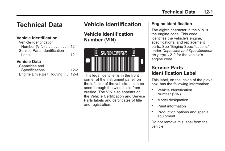 Technical data, Vehicle identification, Vehicle identification number (vin) | Service parts identification label, Technical data -1, Identification -1, Technical data 12-1 | Saturn 2010 VUE User Manual | Page 367 / 398