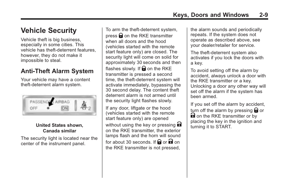 Vehicle security, Anti-theft alarm system, Vehicle security -9 | Vehicle, Vehicle security -9 anti-theft alarm system -9 | Saturn 2010 VUE User Manual | Page 37 / 398