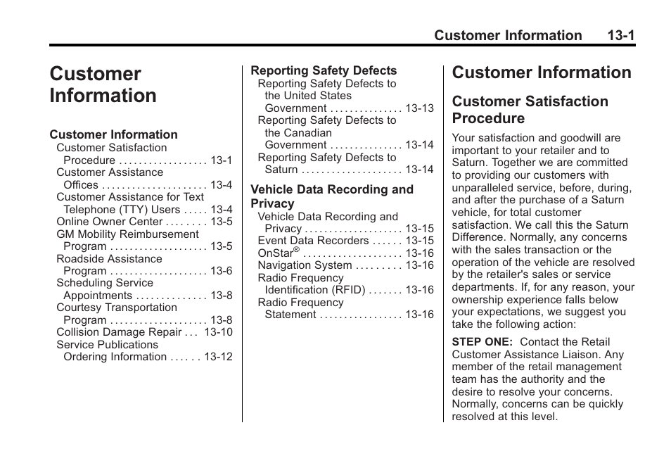 Customer information, Customer satisfaction procedure, Information -1 | Customer information 13-1 | Saturn 2010 VUE User Manual | Page 371 / 398