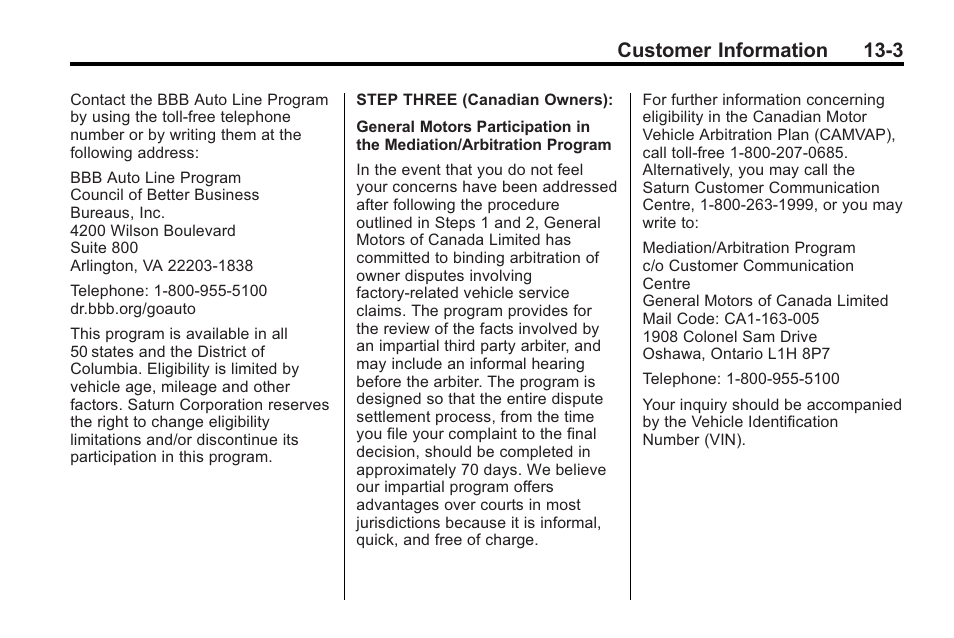 Customer information 13-3 | Saturn 2010 VUE User Manual | Page 373 / 398