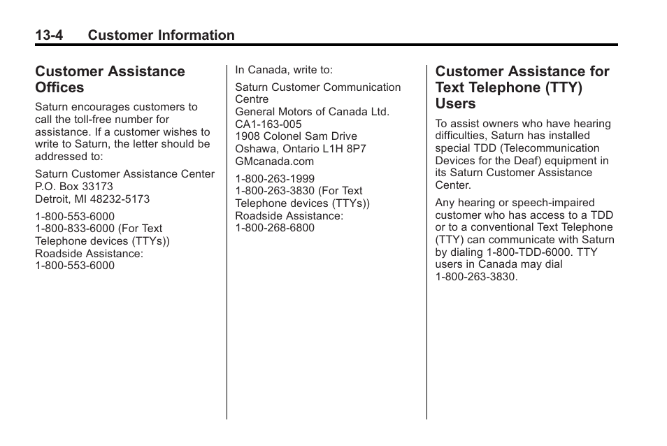 Customer assistance offices, Customer assistance for text telephone (tty) users, Customer assistance | Offices -4, Customer assistance for text, Telephone (tty) users -4 | Saturn 2010 VUE User Manual | Page 374 / 398