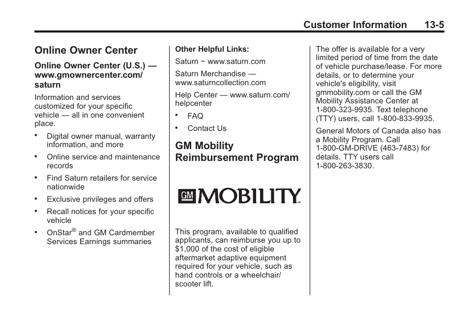 Online owner center, Gm mobility reimbursement program, Online owner center -5 gm mobility reimbursement | Program -5, Customer information 13-5 | Saturn 2010 VUE User Manual | Page 375 / 398