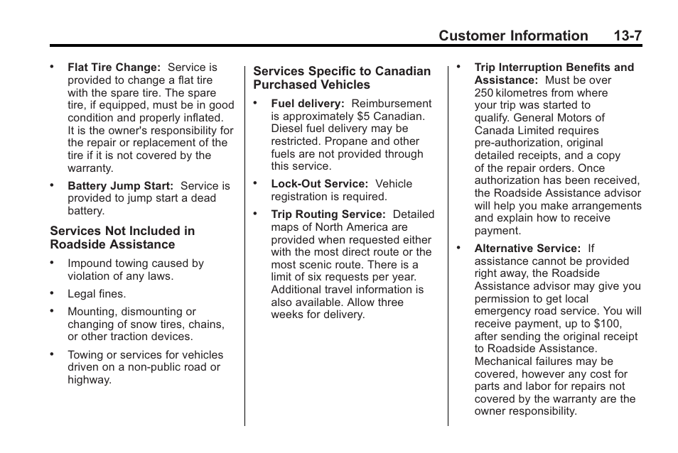 Customer information 13-7, Services not included in roadside assistance, Services specific to canadian purchased vehicles | Saturn 2010 VUE User Manual | Page 377 / 398