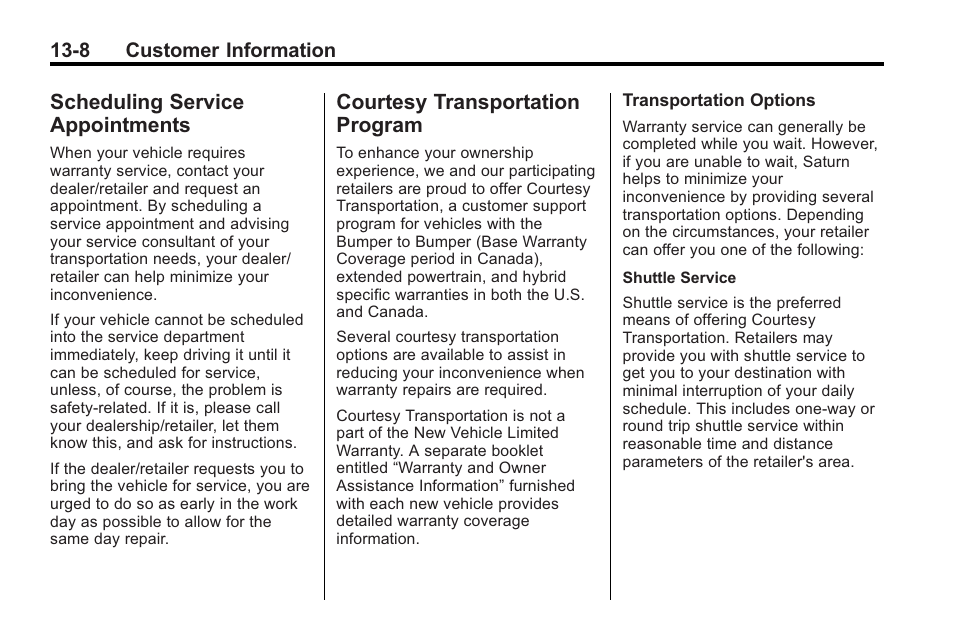 Scheduling service appointments, Courtesy transportation program, Scheduling service | Appointments -8, Courtesy transportation, Program -8 | Saturn 2010 VUE User Manual | Page 378 / 398