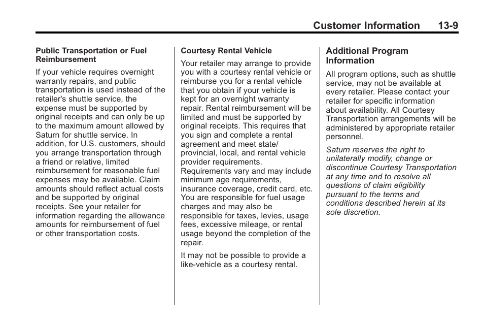 Customer information 13-9 | Saturn 2010 VUE User Manual | Page 379 / 398