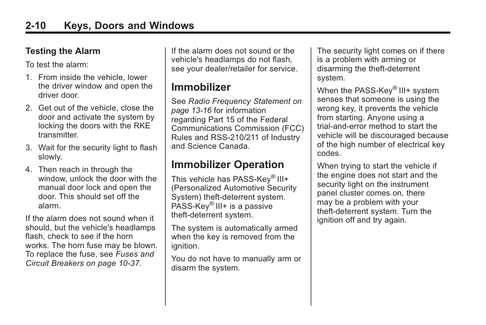 Immobilizer, Immobilizer operation, Immobilizer -10 immobilizer operation -10 | 10 keys, doors and windows | Saturn 2010 VUE User Manual | Page 38 / 398