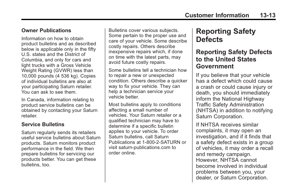Reporting safety defects, Reporting safety defects -13, Reporting safety defects to | The united states government -13 | Saturn 2010 VUE User Manual | Page 383 / 398
