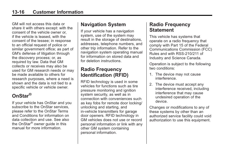 Onstar, Navigation system, Radio frequency identification (rfid) | Radio frequency statement, System -16 radio frequency, Identification (rfid) -16, Radio frequency, Statement -16, 16 customer information | Saturn 2010 VUE User Manual | Page 386 / 398