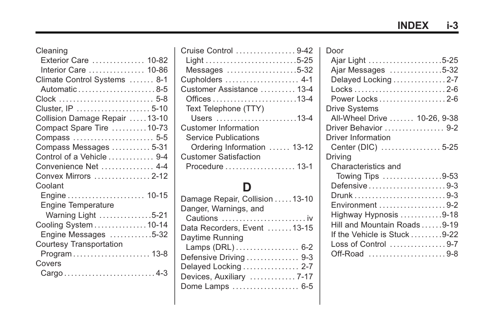 Index_d, Index i-3 | Saturn 2010 VUE User Manual | Page 389 / 398