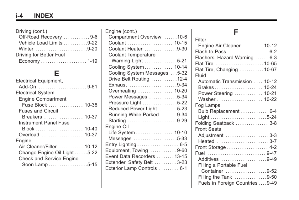 Index_e, Index_f, I-4 index | Saturn 2010 VUE User Manual | Page 390 / 398