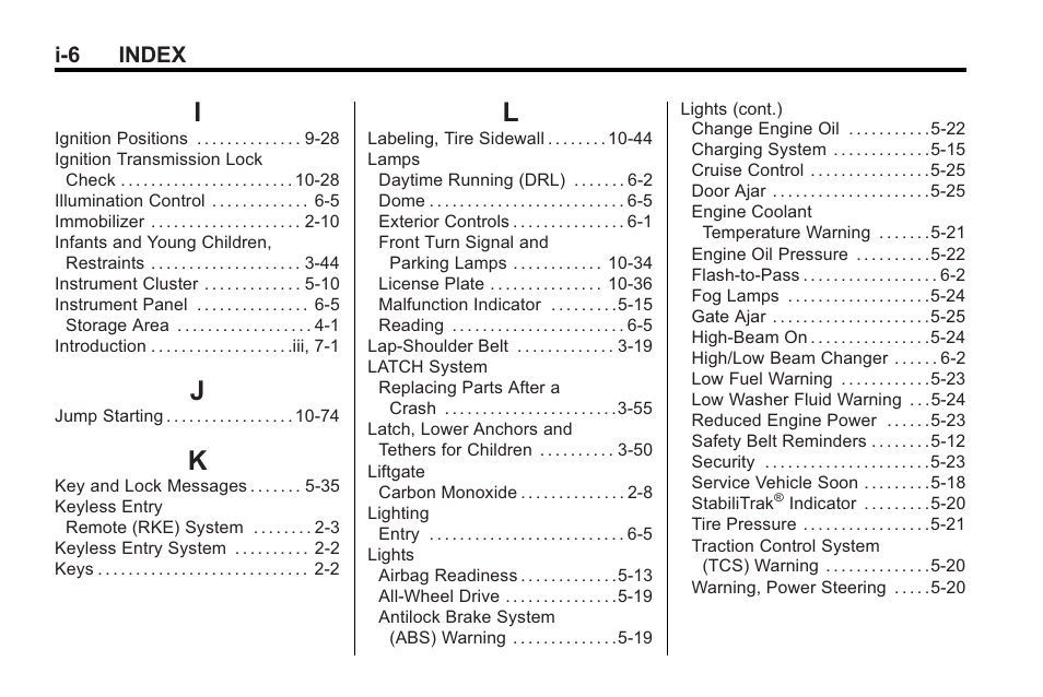 Index_i, Index_j, Index_k | Index_l, I-6 index | Saturn 2010 VUE User Manual | Page 392 / 398