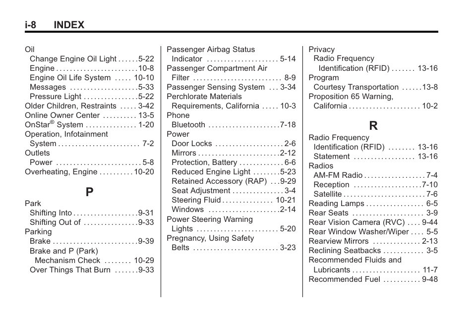 Index_p, Index_r, I-8 index | Saturn 2010 VUE User Manual | Page 394 / 398