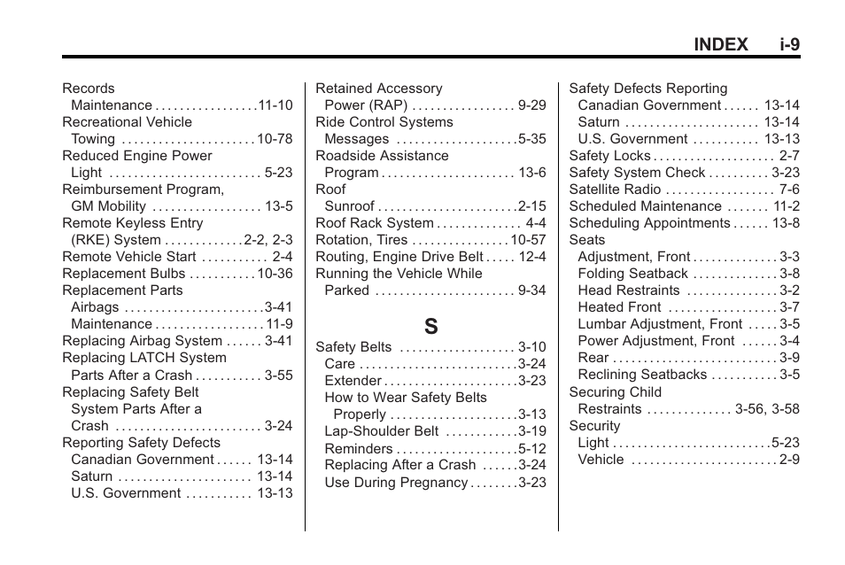 Index_s, Index i-9 | Saturn 2010 VUE User Manual | Page 395 / 398