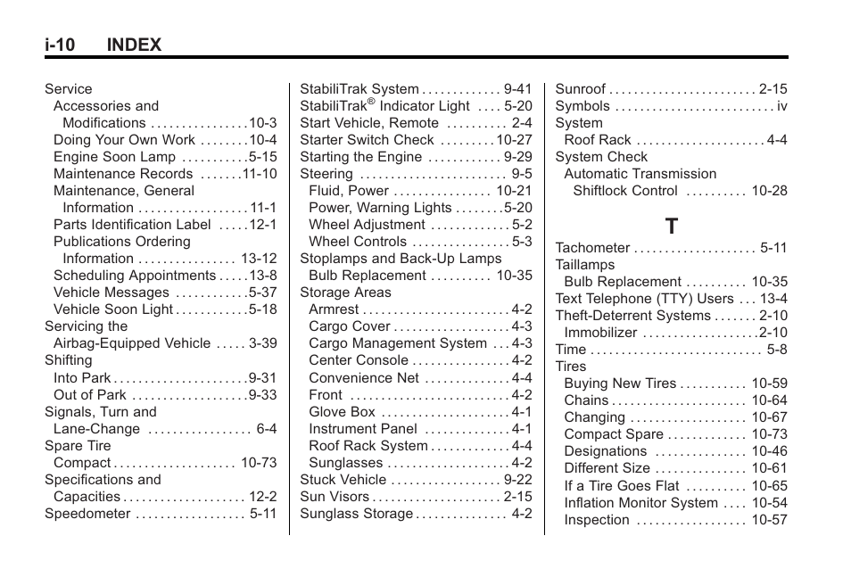 Index_t, I-10 index | Saturn 2010 VUE User Manual | Page 396 / 398