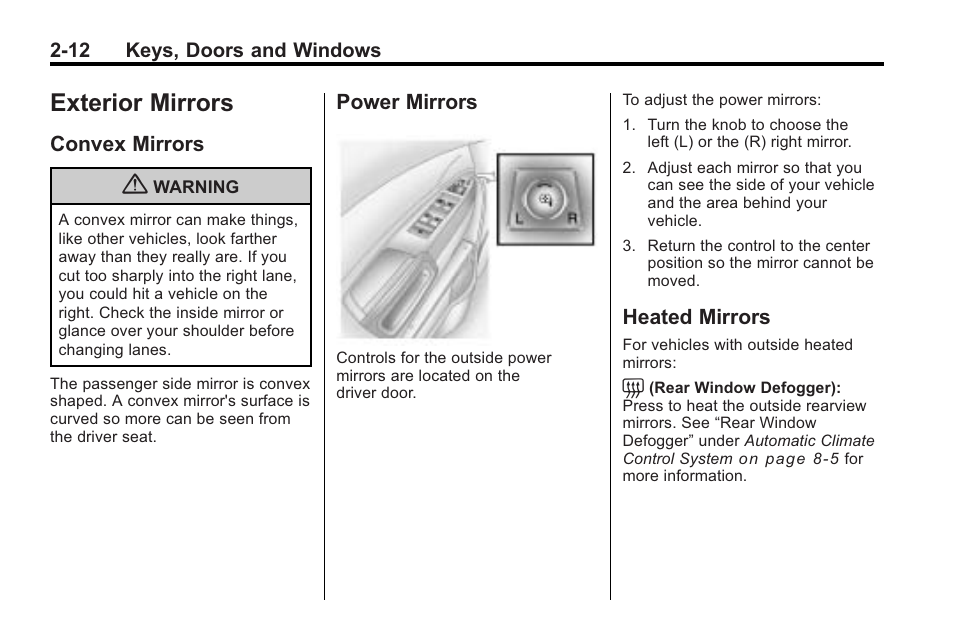 Exterior mirrors, Convex mirrors, Power mirrors | Heated mirrors, Exterior mirrors -12, Vehicle | Saturn 2010 VUE User Manual | Page 40 / 398