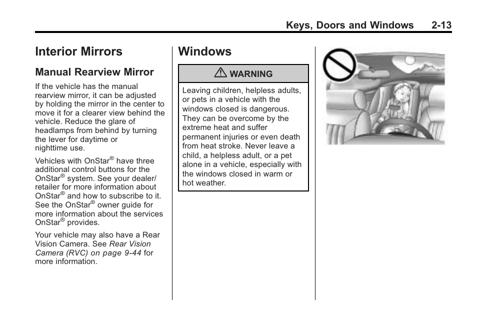 Interior mirrors, Manual rearview mirror, Windows | Interior mirrors -13 windows -13, Rearview mirror -13, Windows -13, Keys, doors and windows 2-13 | Saturn 2010 VUE User Manual | Page 41 / 398