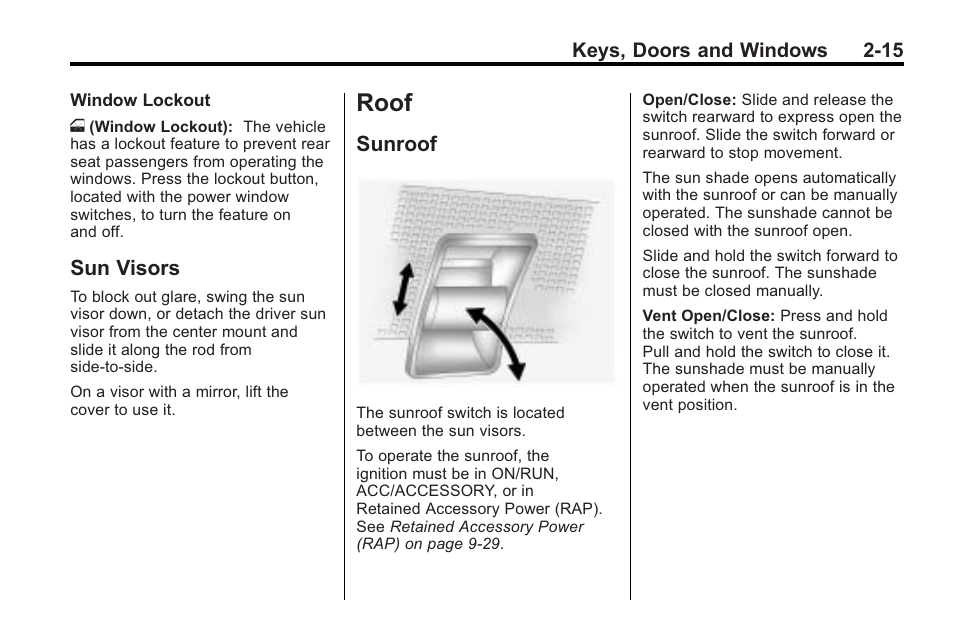 Sun visors, Roof, Sunroof | Roof -15, Lighting, Sun visors -15, Sunroof -15 | Saturn 2010 VUE User Manual | Page 43 / 398