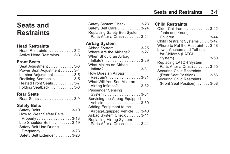 Seats and restraints, Seats and restraints -1, Seats and restraints 3-1 | Saturn 2010 VUE User Manual | Page 45 / 398