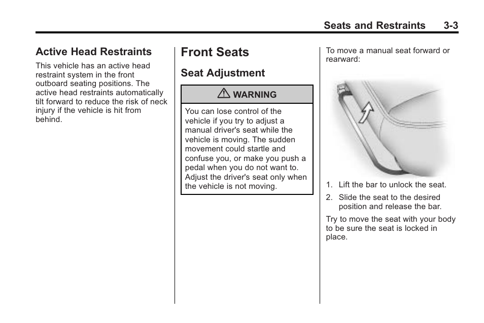 Active head restraints, Front seats, Seat adjustment | Front seats -3, Active head restraints -3, Seat adjustment -3 | Saturn 2010 VUE User Manual | Page 47 / 398