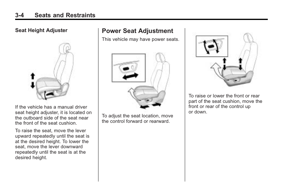 Power seat adjustment, Power seat adjustment -4 | Saturn 2010 VUE User Manual | Page 48 / 398