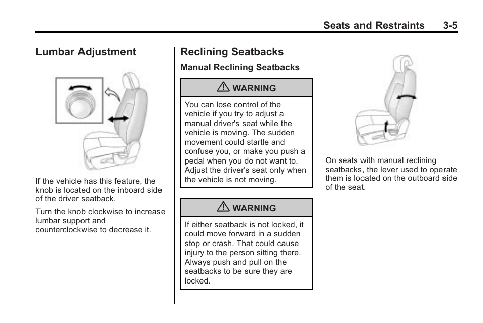 Lumbar adjustment, Reclining seatbacks, Lumbar adjustment -5 reclining seatbacks -5 | Saturn 2010 VUE User Manual | Page 49 / 398
