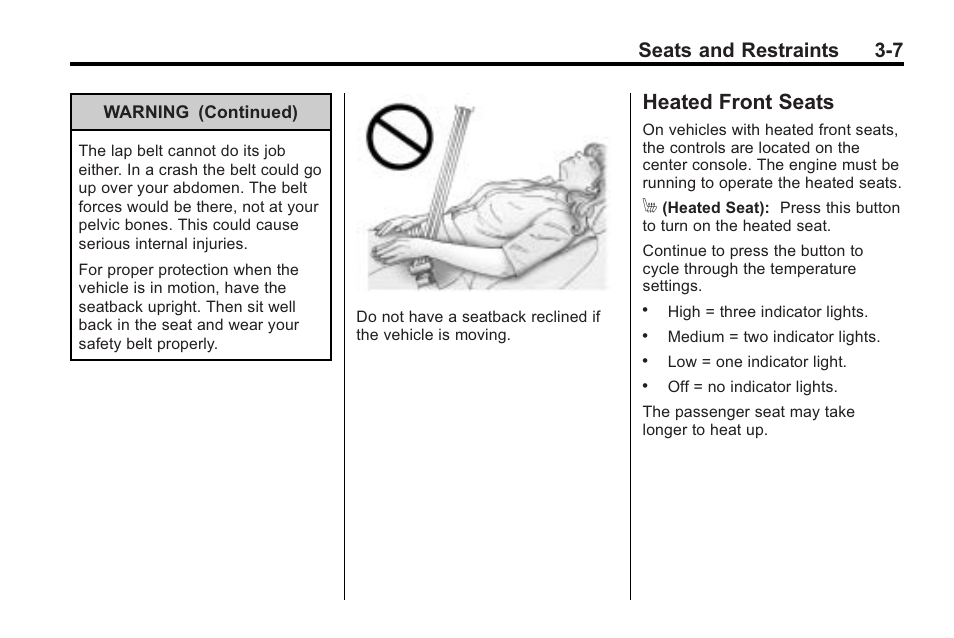 Heated front seats, Heated front seats -7, Seats and restraints 3-7 | Saturn 2010 VUE User Manual | Page 51 / 398