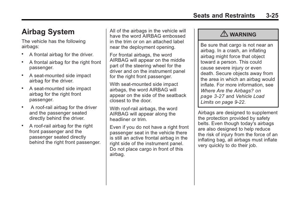 Airbag system, Airbag system -25, Seats and restraints 3-25 | Saturn 2010 VUE User Manual | Page 69 / 398