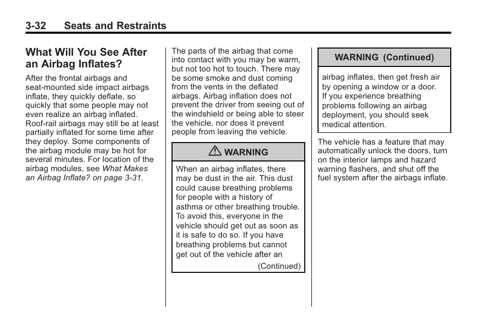 What will you see after an airbag inflates, What will you see after an, Airbag inflates? -32 | Saturn 2010 VUE User Manual | Page 76 / 398