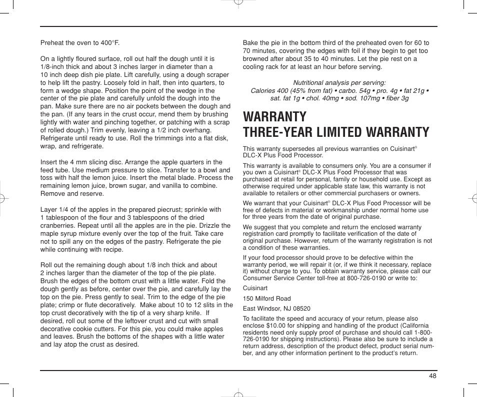 Warranty three-year limited warranty | Cuisinart DLC-XP User Manual | Page 49 / 52