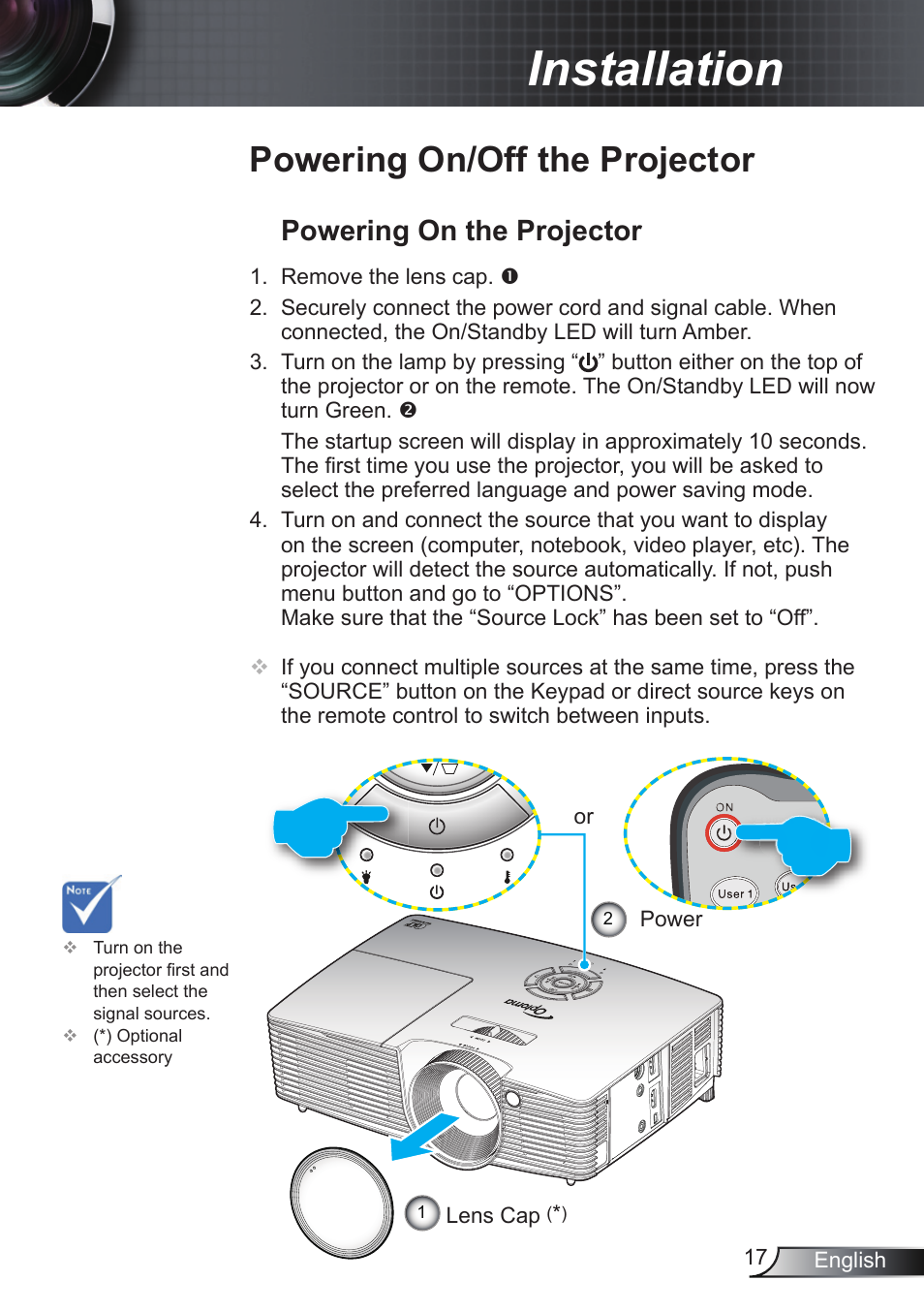 Powering on/off the projector, Powering on the projector, Installation | Optoma EH200ST User Manual | Page 17 / 68