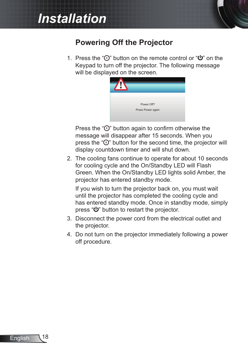 Powering off the projector, Installation | Optoma EH200ST User Manual | Page 18 / 68