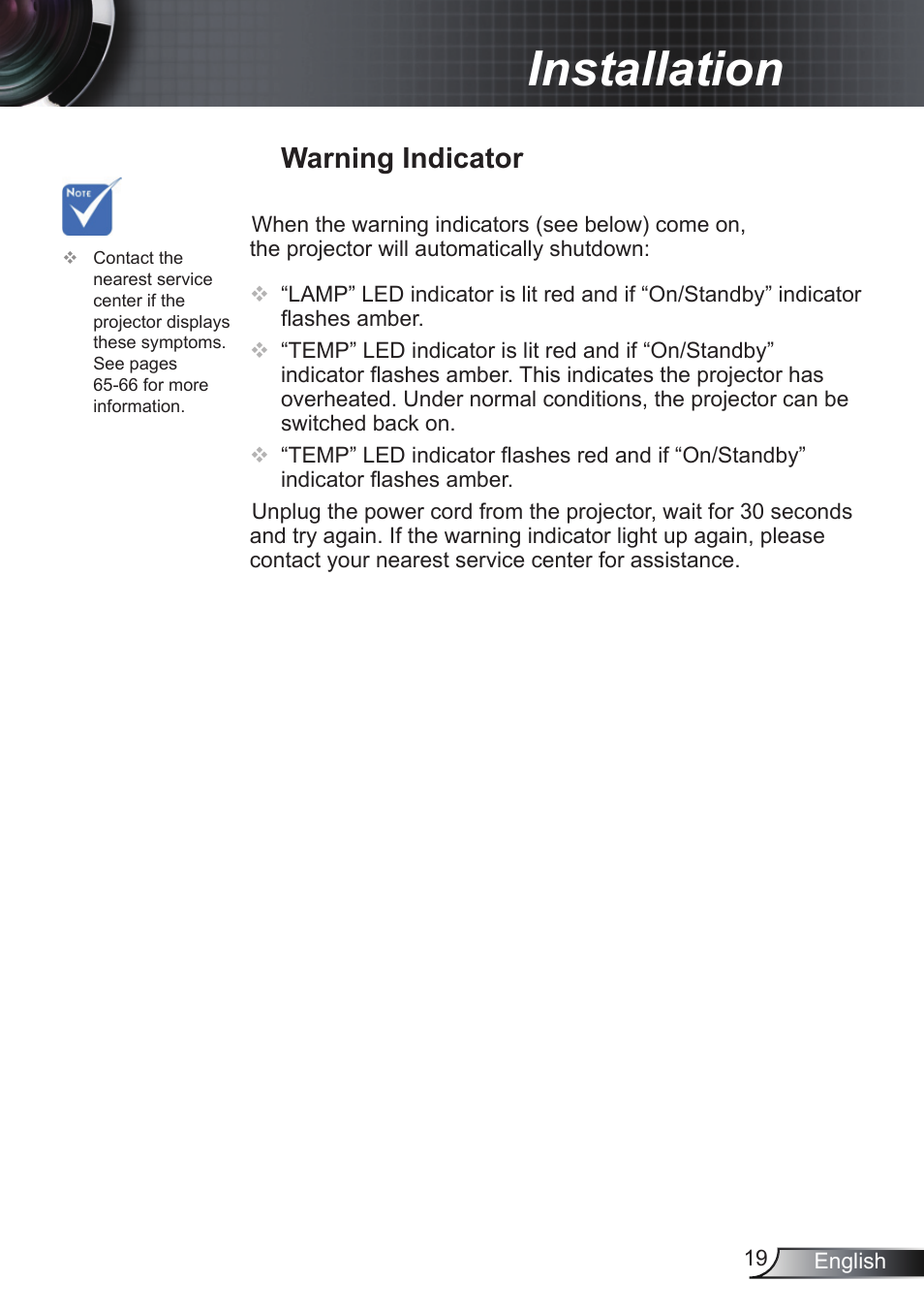 Warning indicator, Installation | Optoma EH200ST User Manual | Page 19 / 68