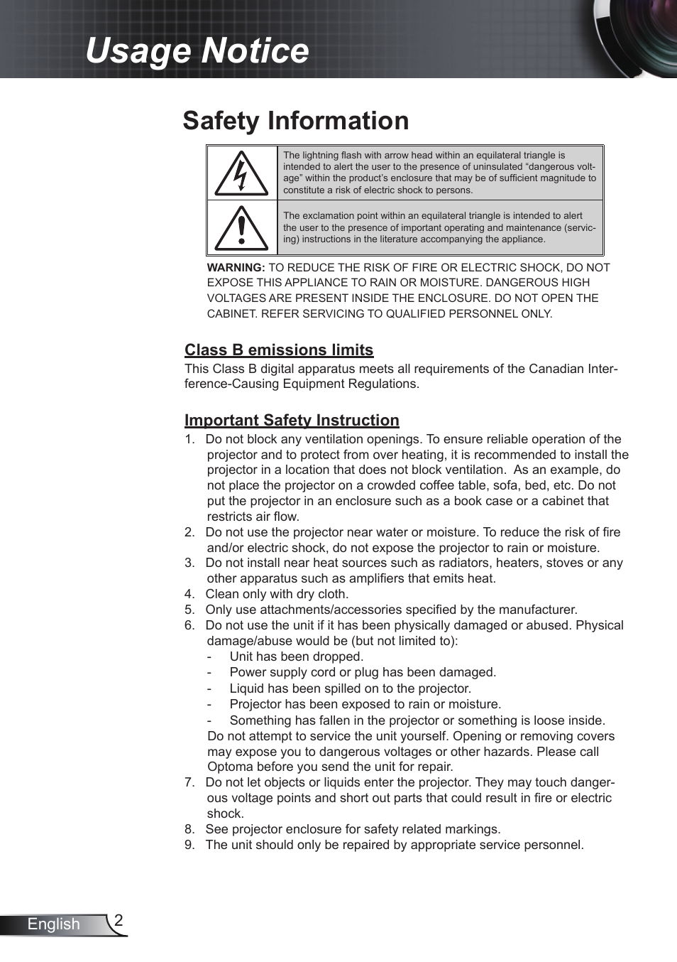 Usage notice, Safety information, Usage.notice | 2english, Class b emissions limits, Important safety instruction | Optoma EH200ST User Manual | Page 2 / 68