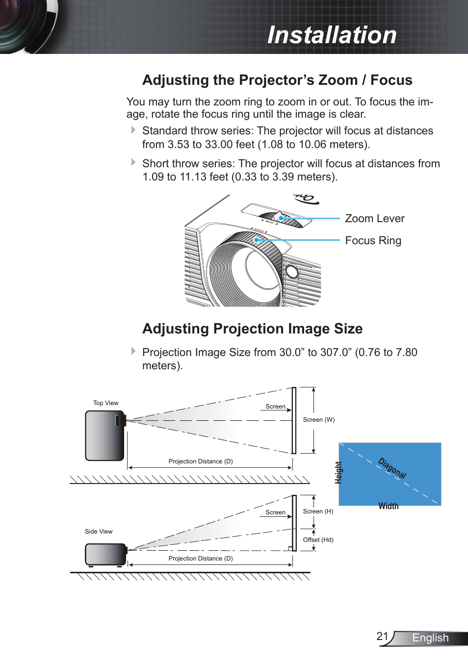 Adjusting the projector’s zoom / focus, Adjusting projection image size, Installation | Optoma EH200ST User Manual | Page 21 / 68
